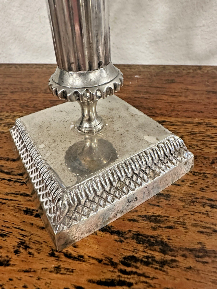 Empire Style Silver Plate 3-Light Candelabra Fluted Column, Square Base 11" tall