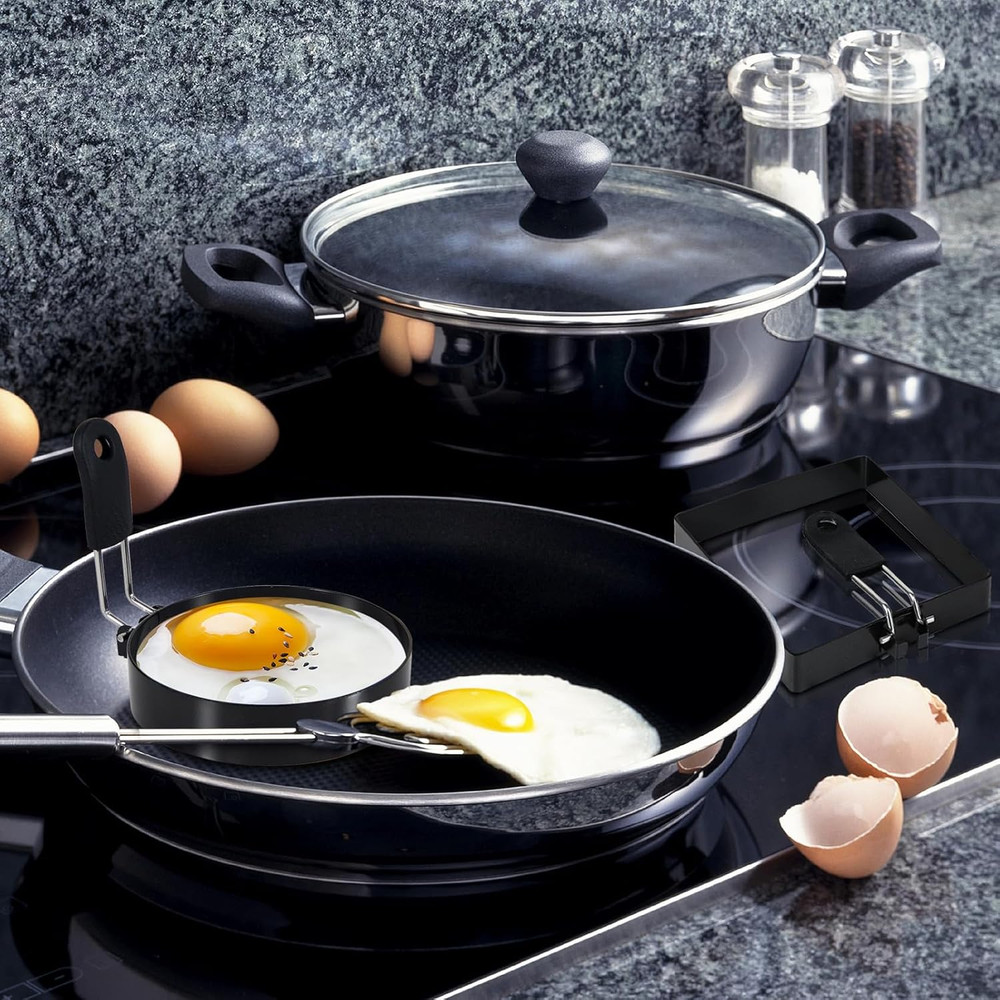 2-Pack Round+Square Egg Rings Set with Silicone Handle, Stainless Steel Egg Cook