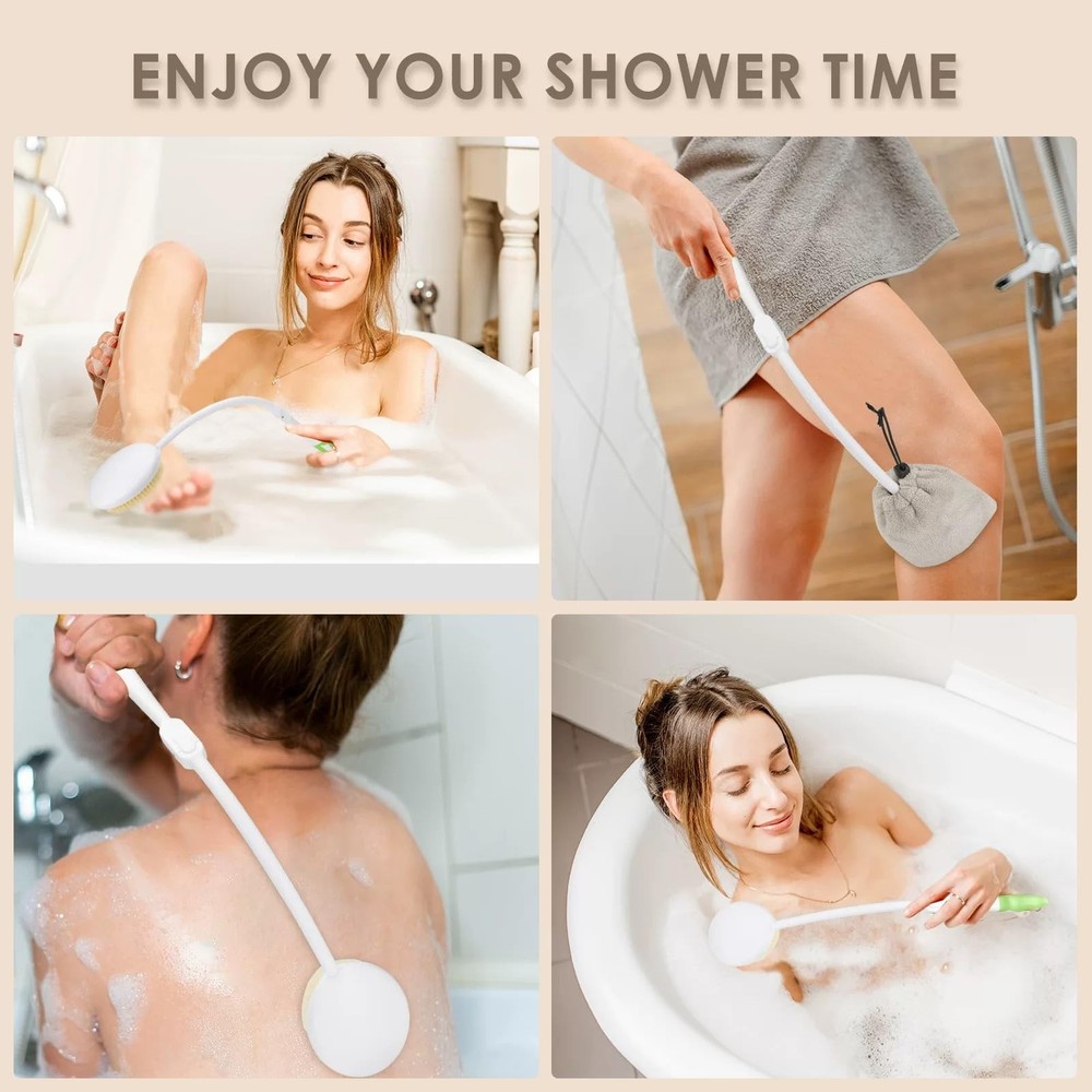 Back Scrubber Bath Brush for Shower Curved Long Handle, Foldable White