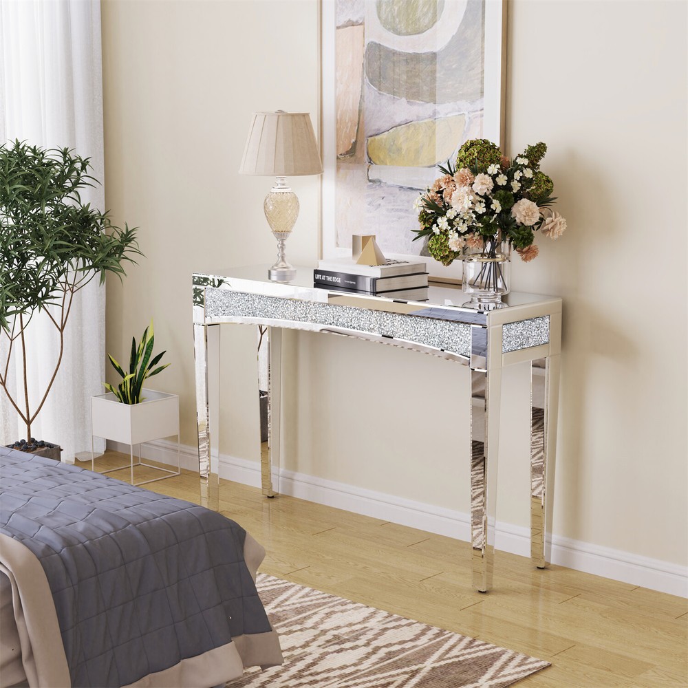 Modern Console Table Mirrored Finished Glam Silver Entryway Table Crystals Inlay