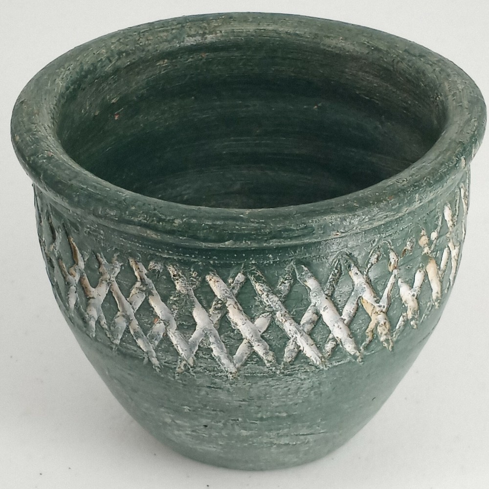 Pottery Planter Green 5" Matte Finish White Diamond Design