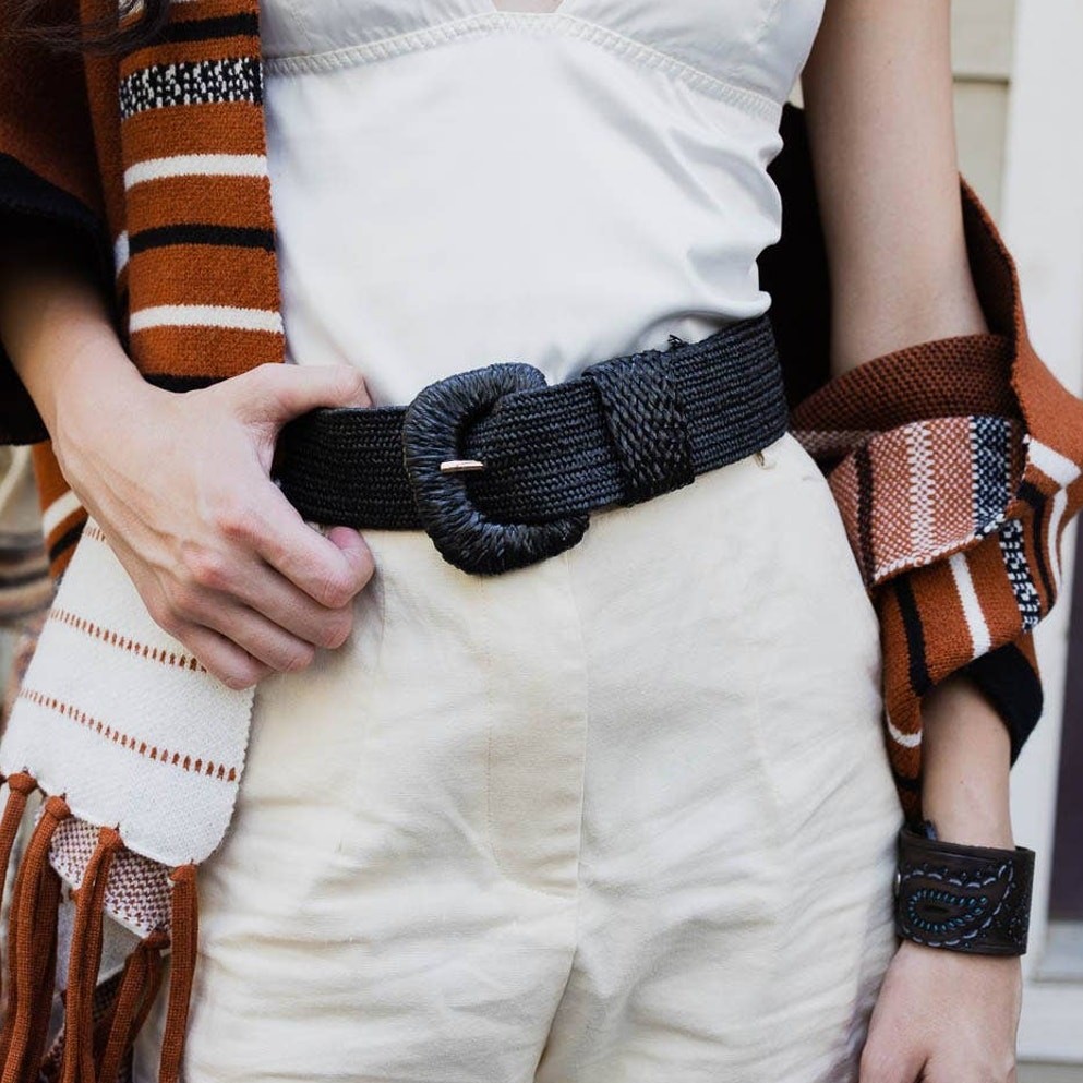 Stretchable Boho Raffia Belt Black
