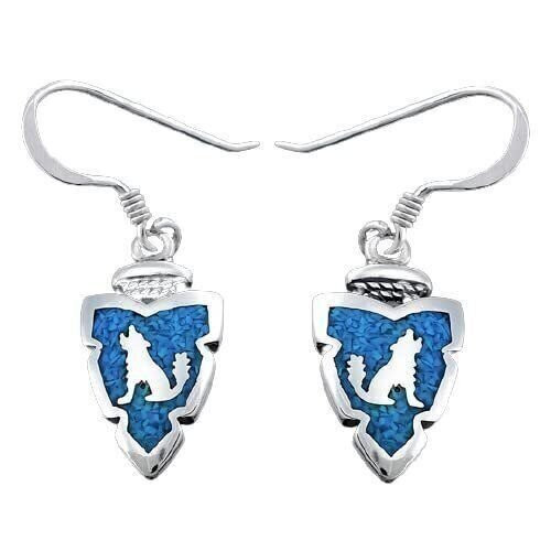 Sterling Silver and Turquoise Howling Wolf Arrowhead Dangle Earrings