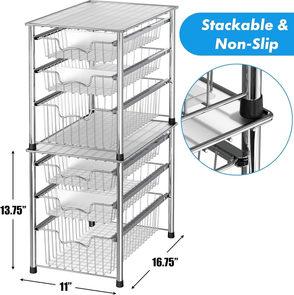 Elegant 3-Tier Chrome Stackable Sliding Basket Organizer for Effortless Storage
