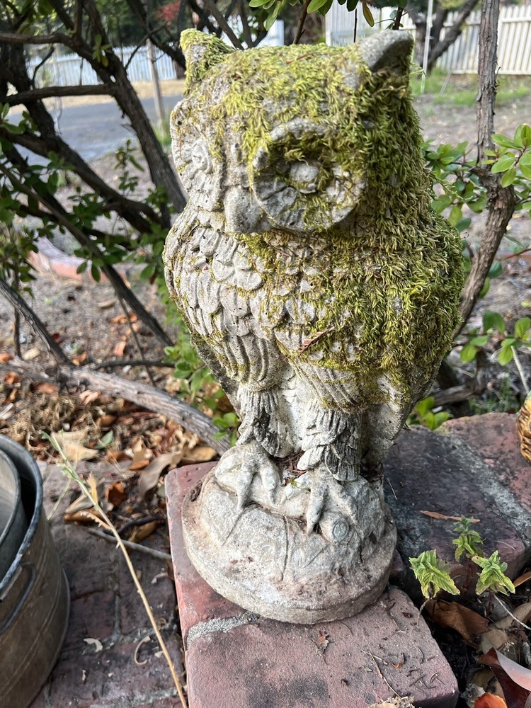 Vintage Solid Cement 17” Owl With Real Moss Growing On It