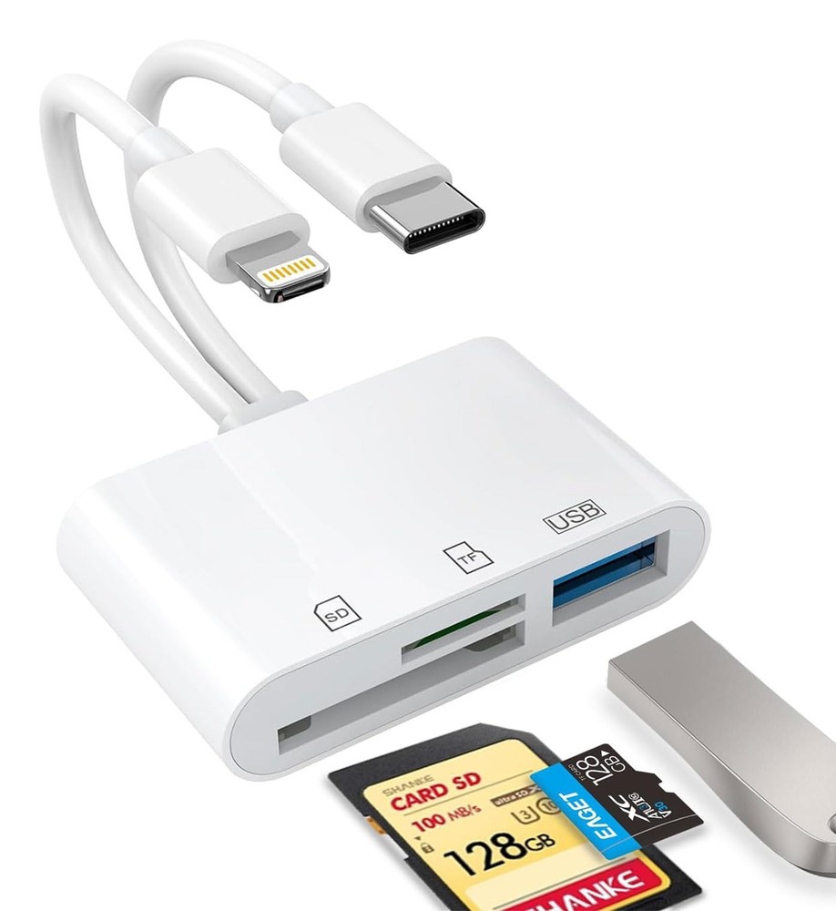 USB C SD Card Reader for iPhone, iPad, Lightning Dual Port White