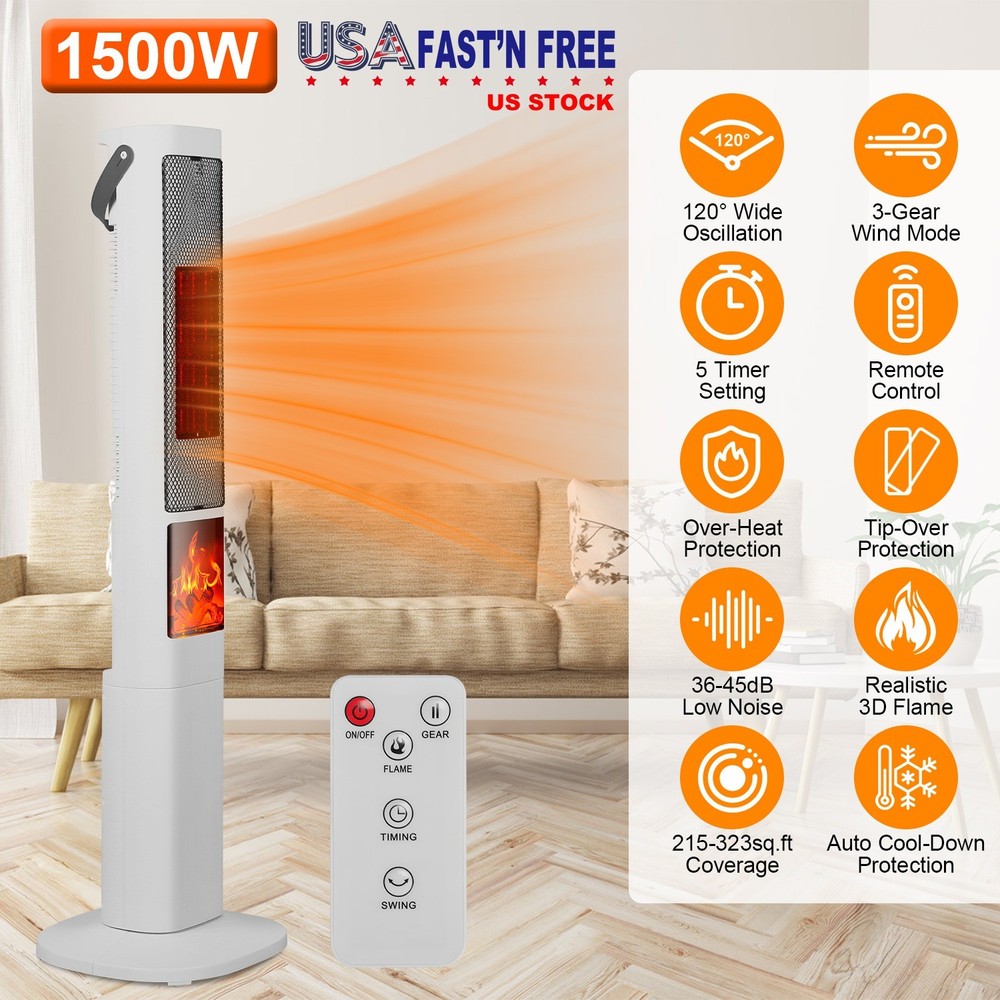 1500W Ceramic Tower Space Heater W/ 3D Flame Remote Control 5 Timer Options