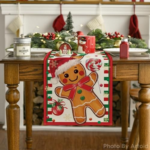 Gingerbread Candy Cane Christmas Table Runner, 13" x 72", Table Runner Red