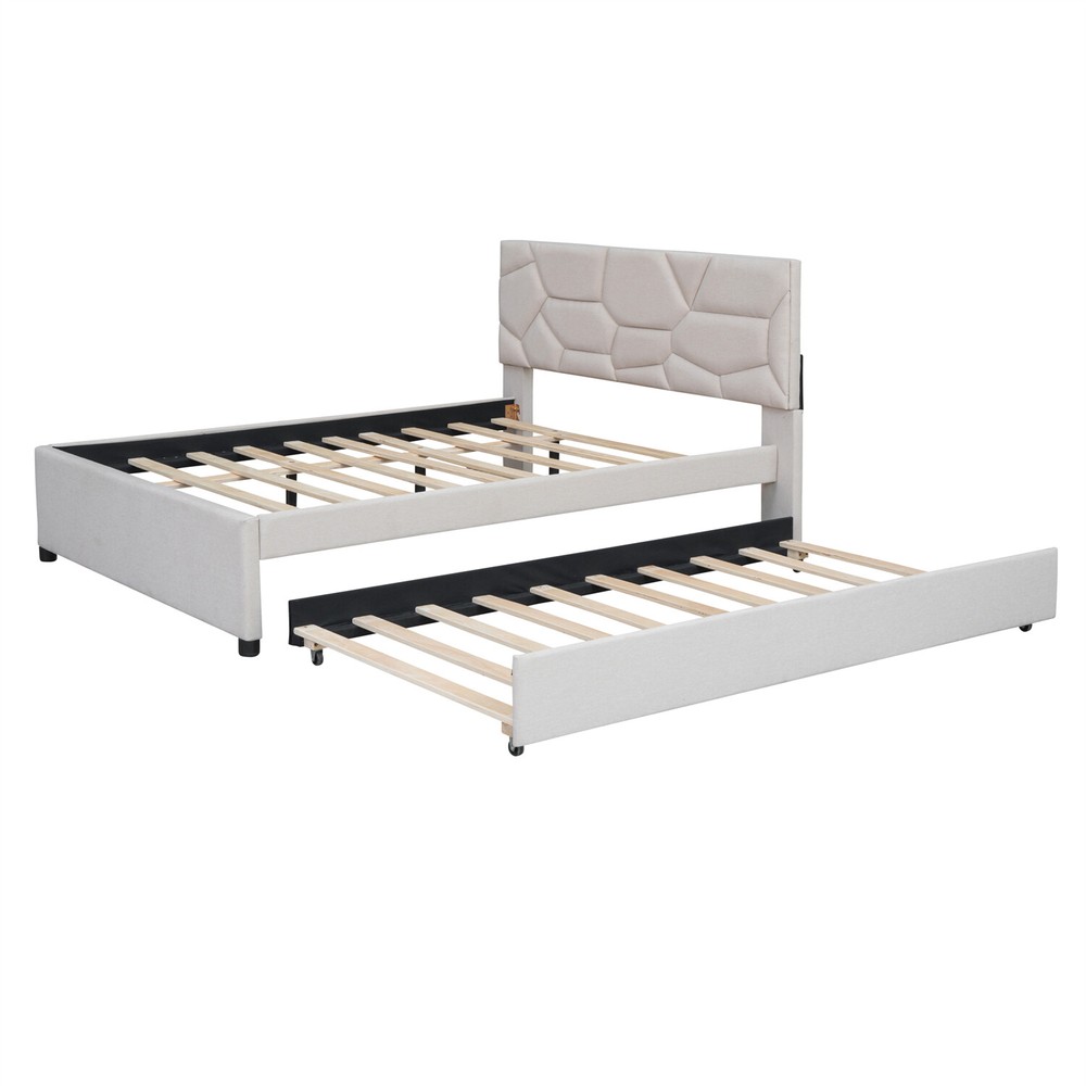 Full/Queen Size Bed Frame Upholstered Platform Bed w/ Headboard Beige/Gray US