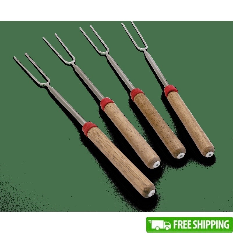 Telescoping Roasting Fork Chrome-Plated Steel Extendable Campfire Cooking 4 Pack