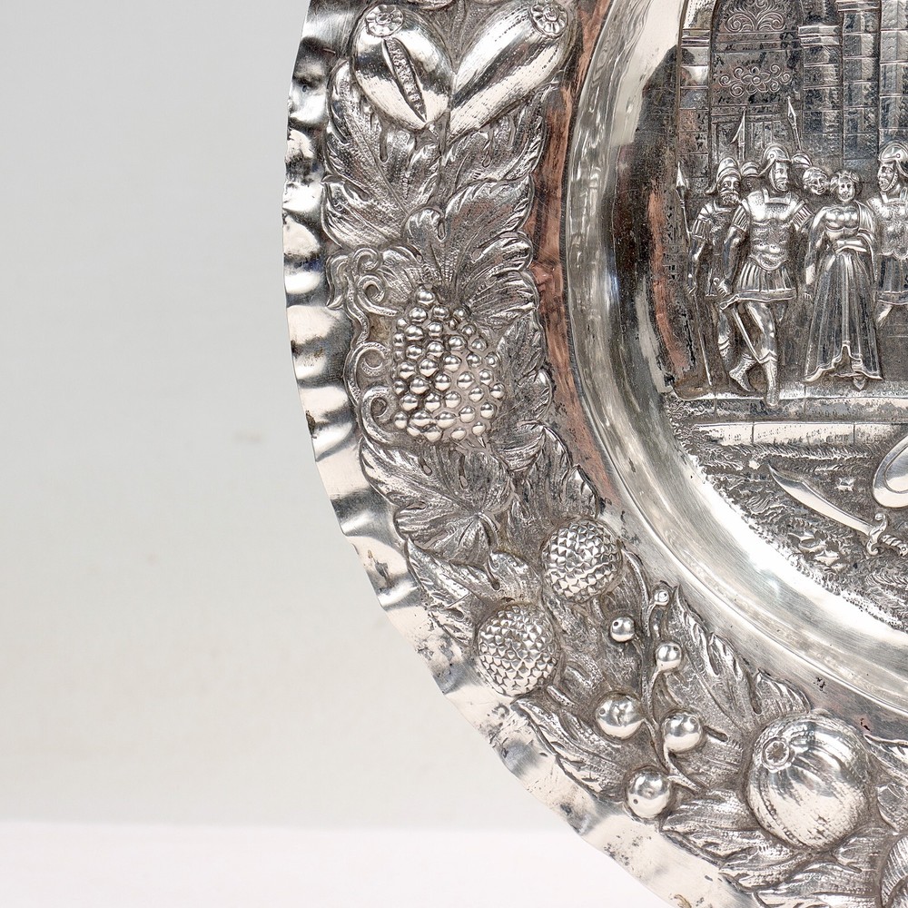 Antique German Renaissance Revival Solid 800 Silver Repousse Tray or Charger.