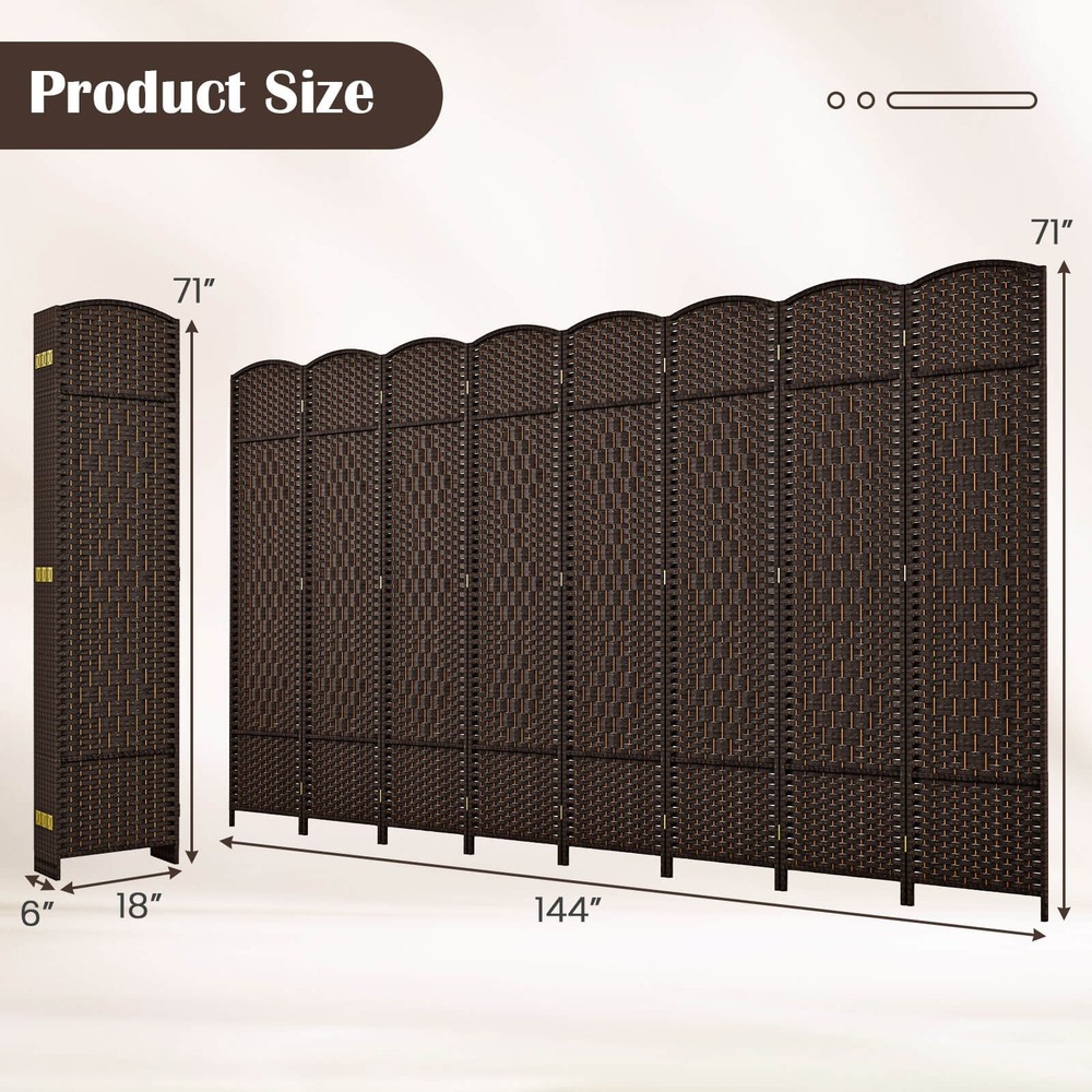 8-Panel Room Divider 6 FT Tall Folding Privacy Screen w/Solid Wood Frame