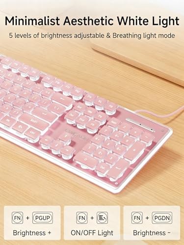 Wired Computer Keyboard with White Backlit, Aesthetic Full Size Wired Pink