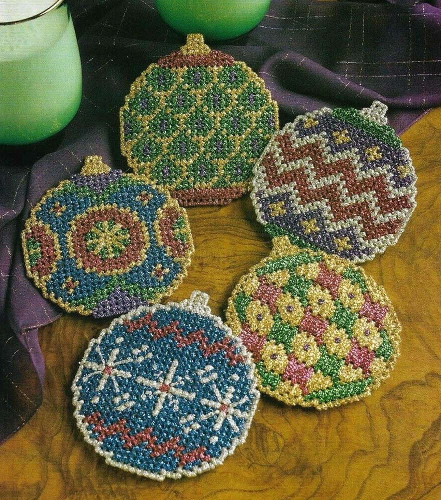 5 SPARKLING ORNAMENT COASTERS CHRISTMAS PLASTIC CANVAS PATTERN INSTRUCTIONS