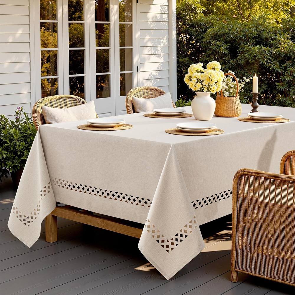 MIULEE Beige Rectangle Linen Polyester Tablecloth with Decorative Cutouts Spr...