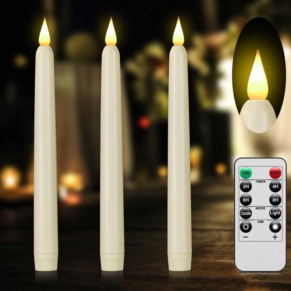 Flameless Taper Candles with Remote Control and Timer, Battery 3 Pack, Ivory