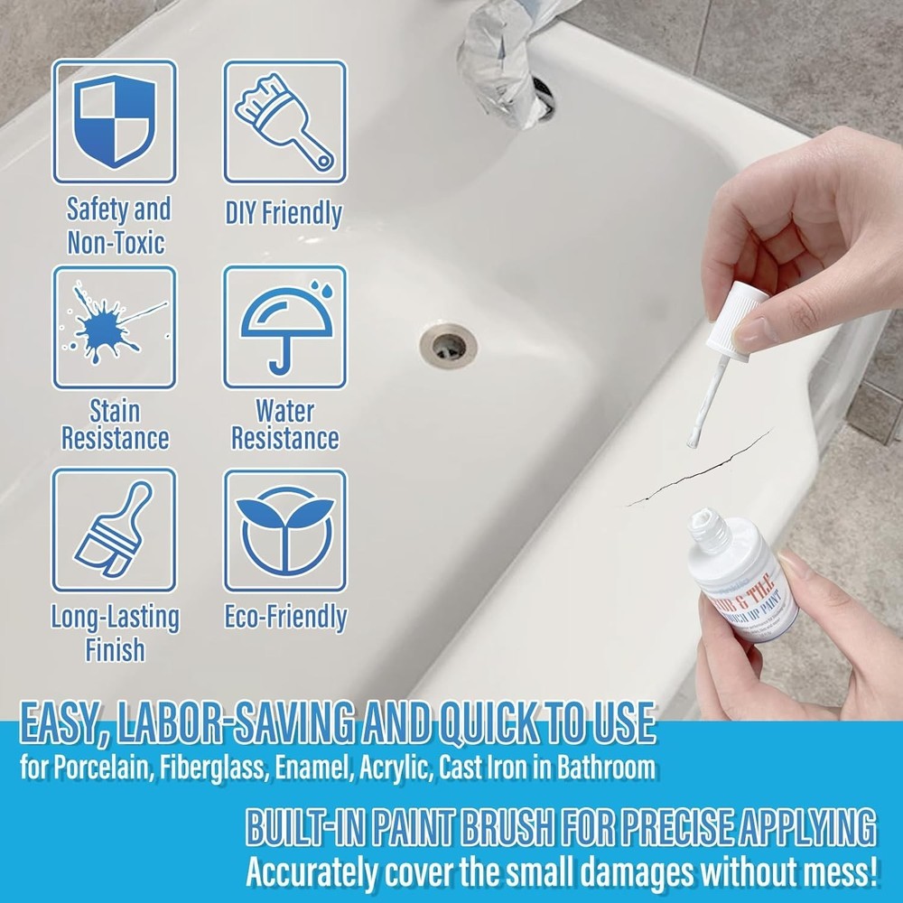 High-Gloss White Tub & Tile Paint - Quick-Dry Waterproof Solution, 1 Fl Oz