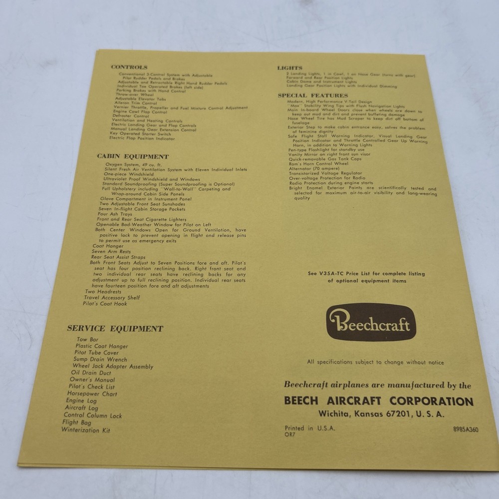 1967 BEECHCRAFT Bonanza V35A-TC Advertising Fold Out Specifications