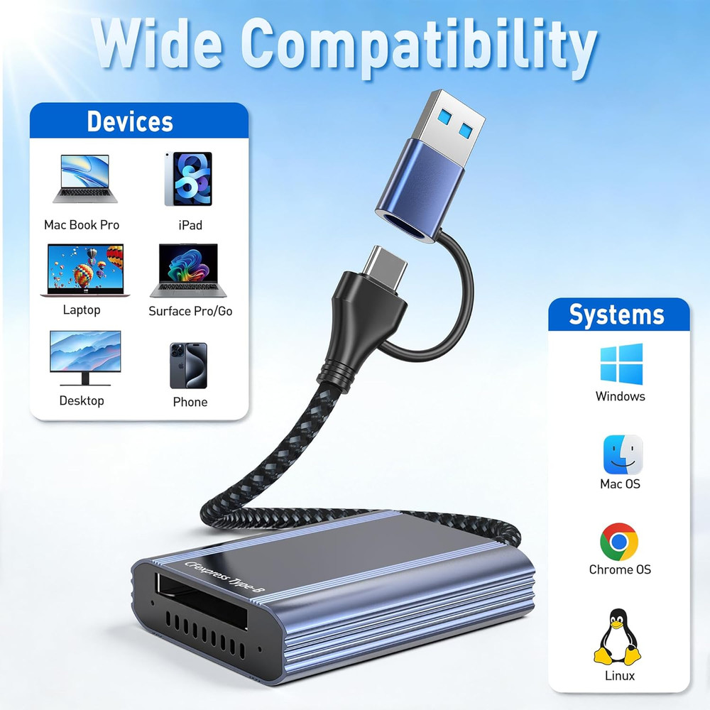 Cfexpress Type B Card Reader with 10Gbps USB 3.2 Gen 2, USB-C & USB-A 2-In-1 Typ