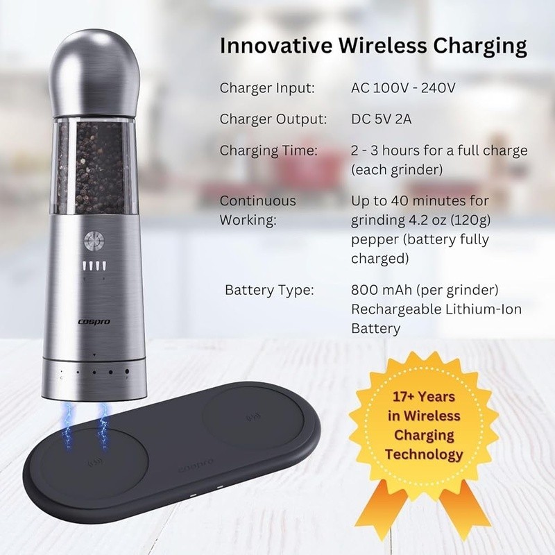 Electric Grinder Set 2 Automatic Spice Mill Qi Wireless Charging One-Hand Use