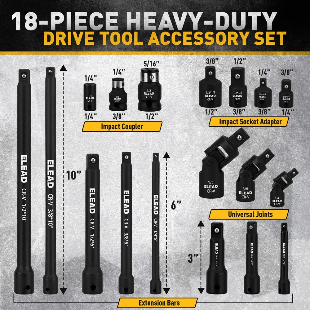 18PC Impact Socket Extension Bar Set Socket Adapter Swivel Joints 1/4" 3/8" 1/2"