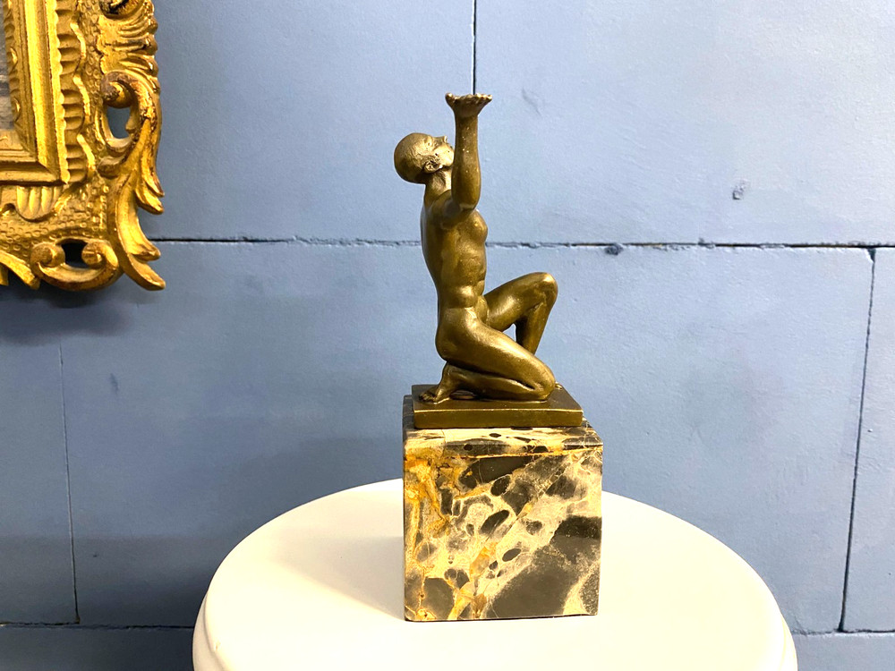 Bronze sculpture kneeling Adonis on black marble base after Cesaro