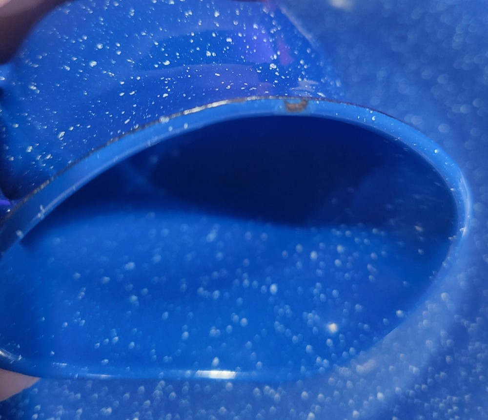 Blue Speckled Enamelware Small Creamer Pitcher & Coffee Cup Mug