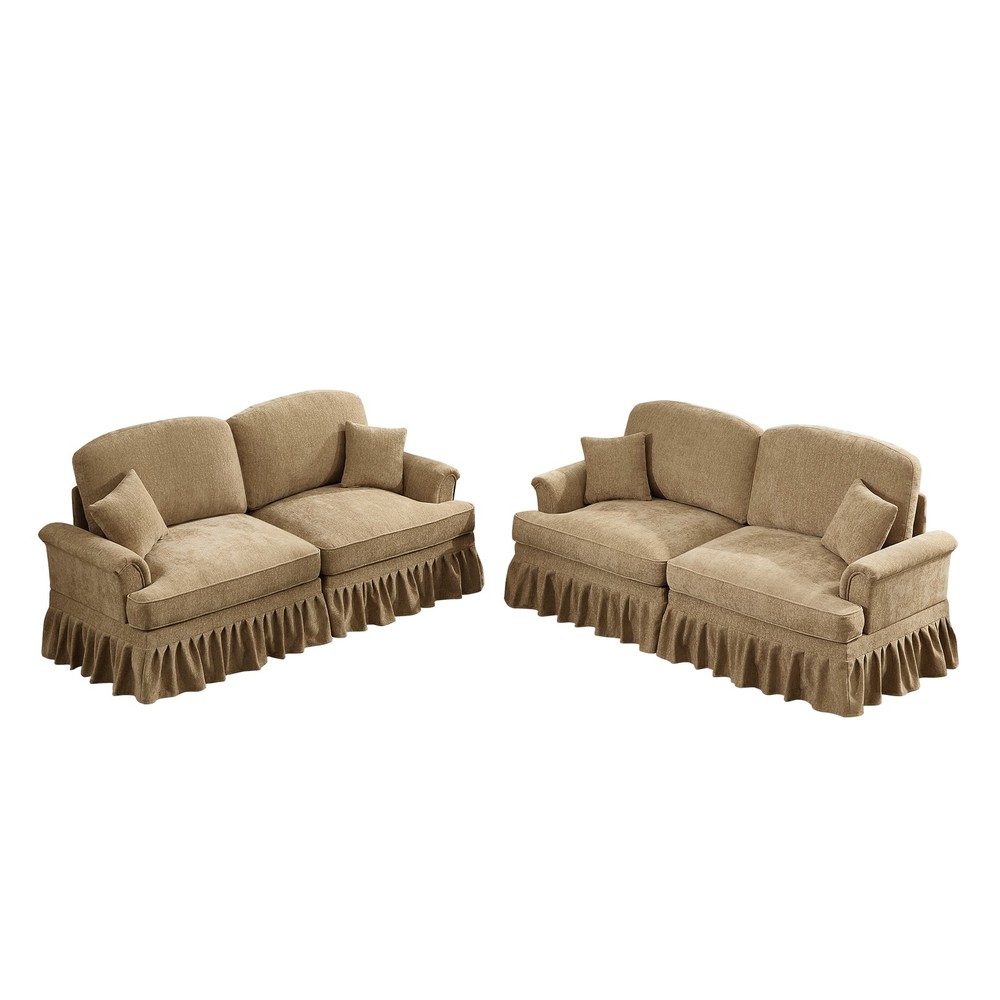 Modular 2-Piece Light Coffee Chenille Sofa Set w Flared Arms