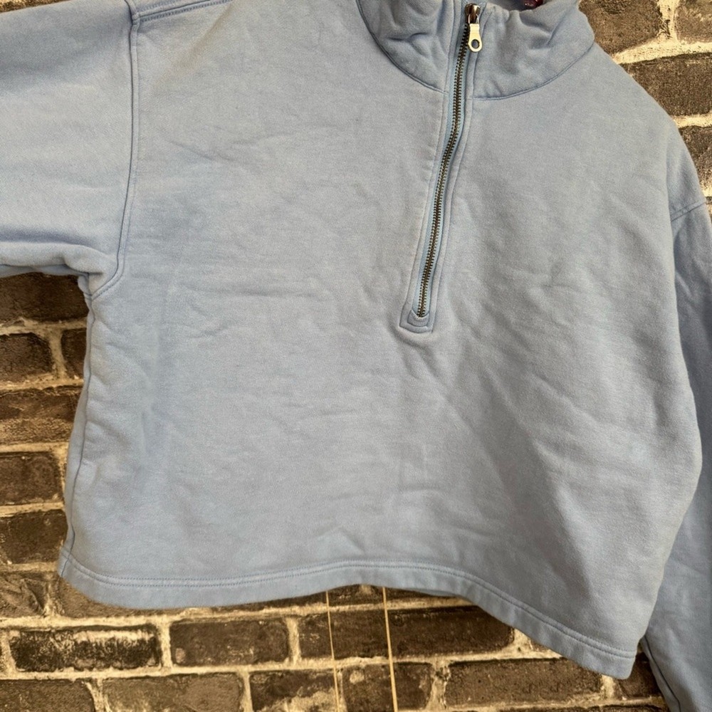 Girlfriend Collective 1/2 zip cropped pullover sweater blue SIZE MEDIUM M