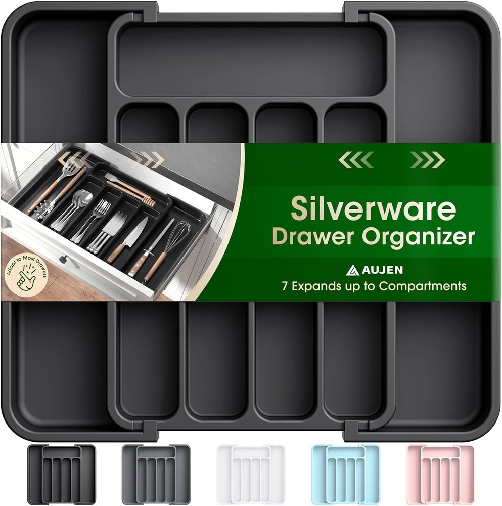 Aujen Silverware Organizer - Expandable Kitchen Drawer Medium, Black