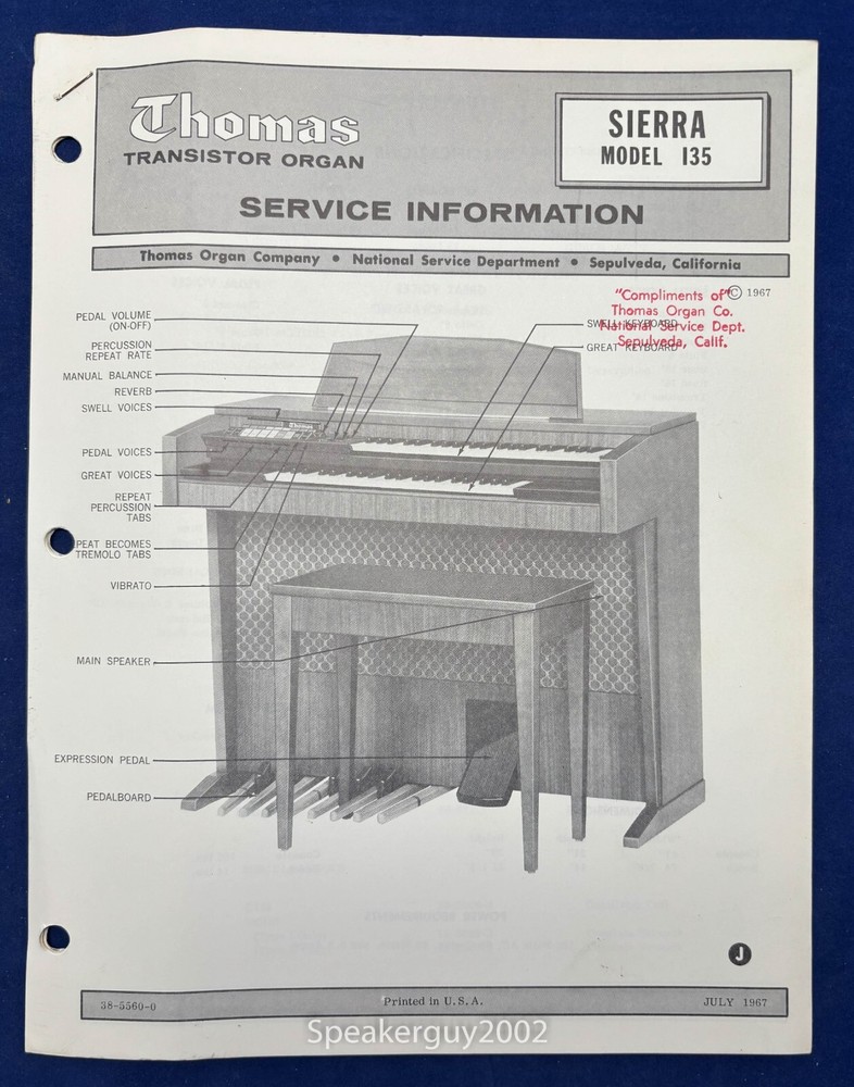 Original Thomas Organ Service Manual / Sierra 135 -- #2