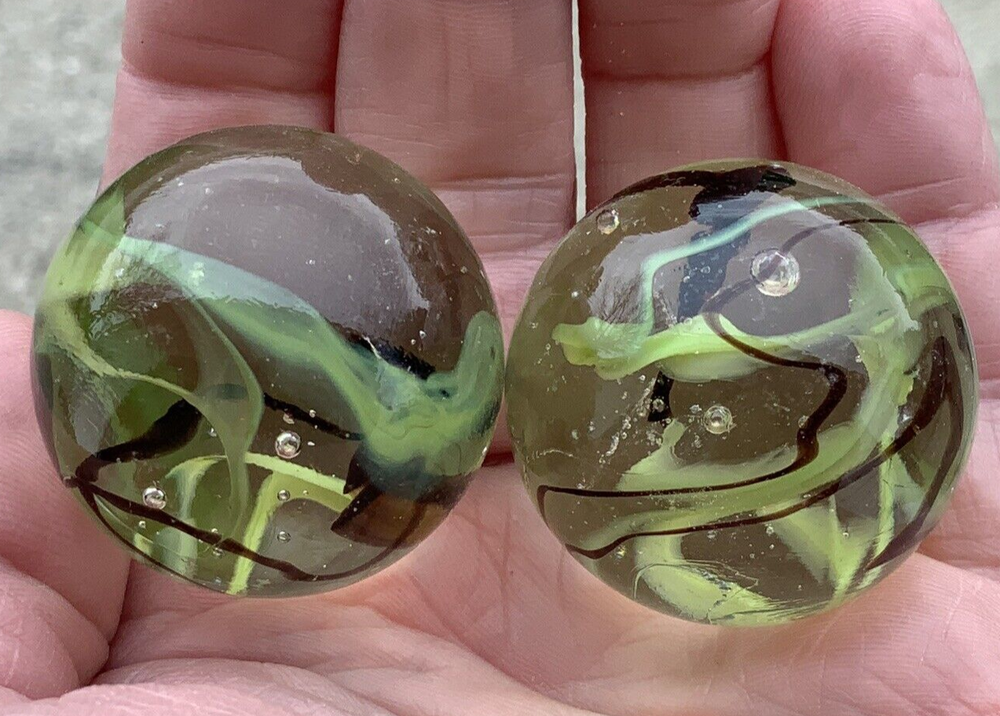 2 BOULDERS 35mm COMMANDO Marbles Wire Pull Confetti Green/Brown Glass LARGE HUGE