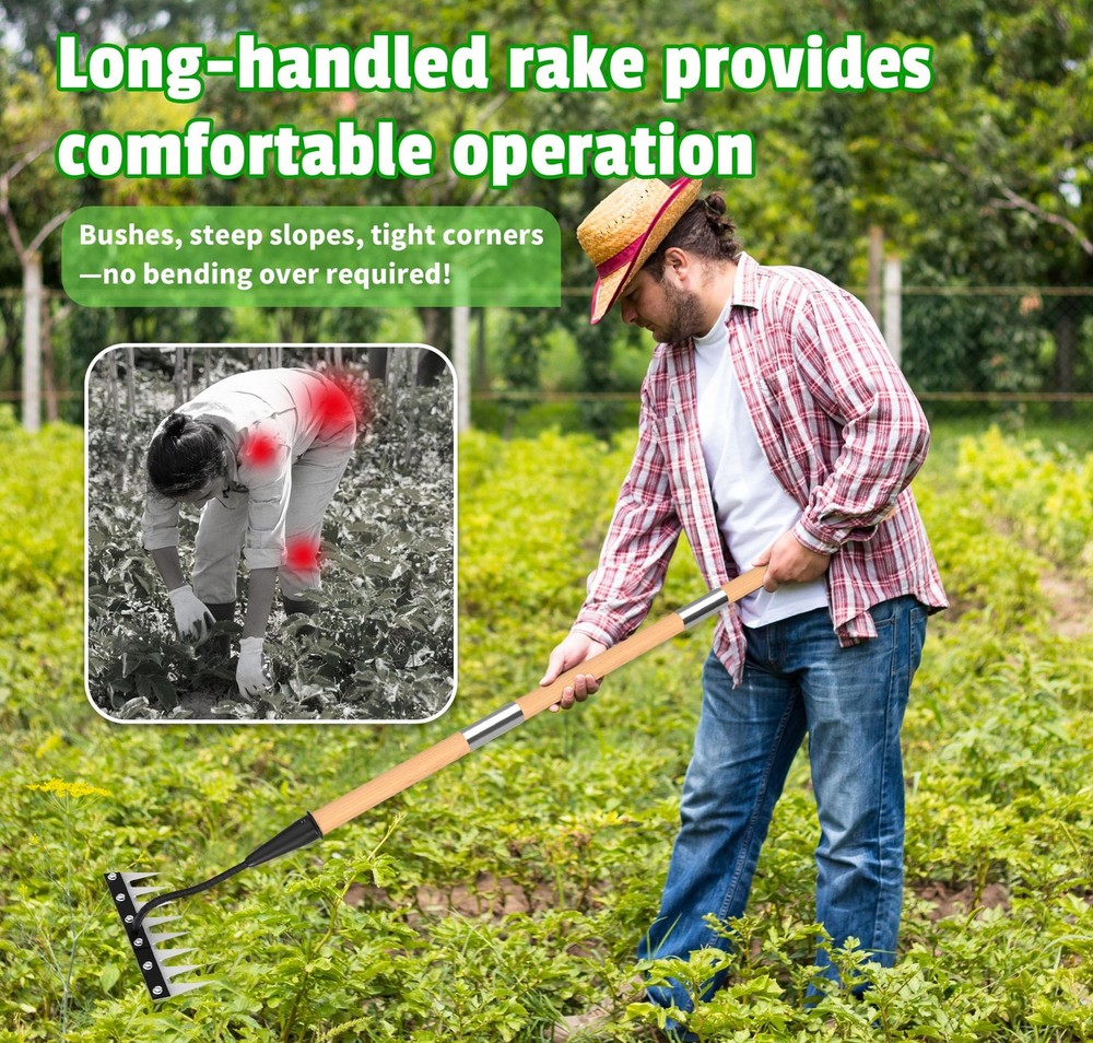 ATLRGISL Iron Weed Rake with Wooden Long Handle 2.0, 8 Teeth Weed Puller Tool...