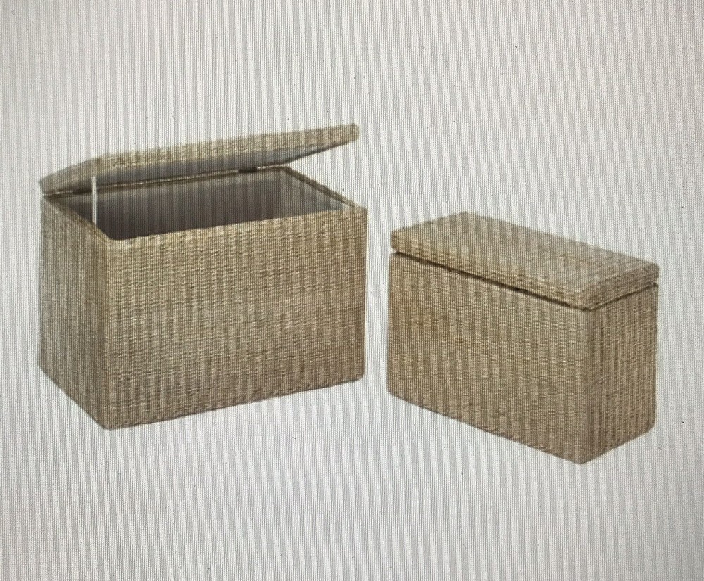 TWO NATURAL RUSH STRAW NESTING STORAGE TRUNKS RECTANGLE WOOD FRAME COTTON LINING
