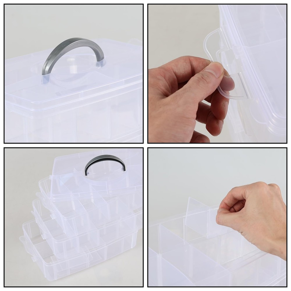 3-layer Stackable Craft Storage Box with 30 Grids, Clear Compartment Organize...