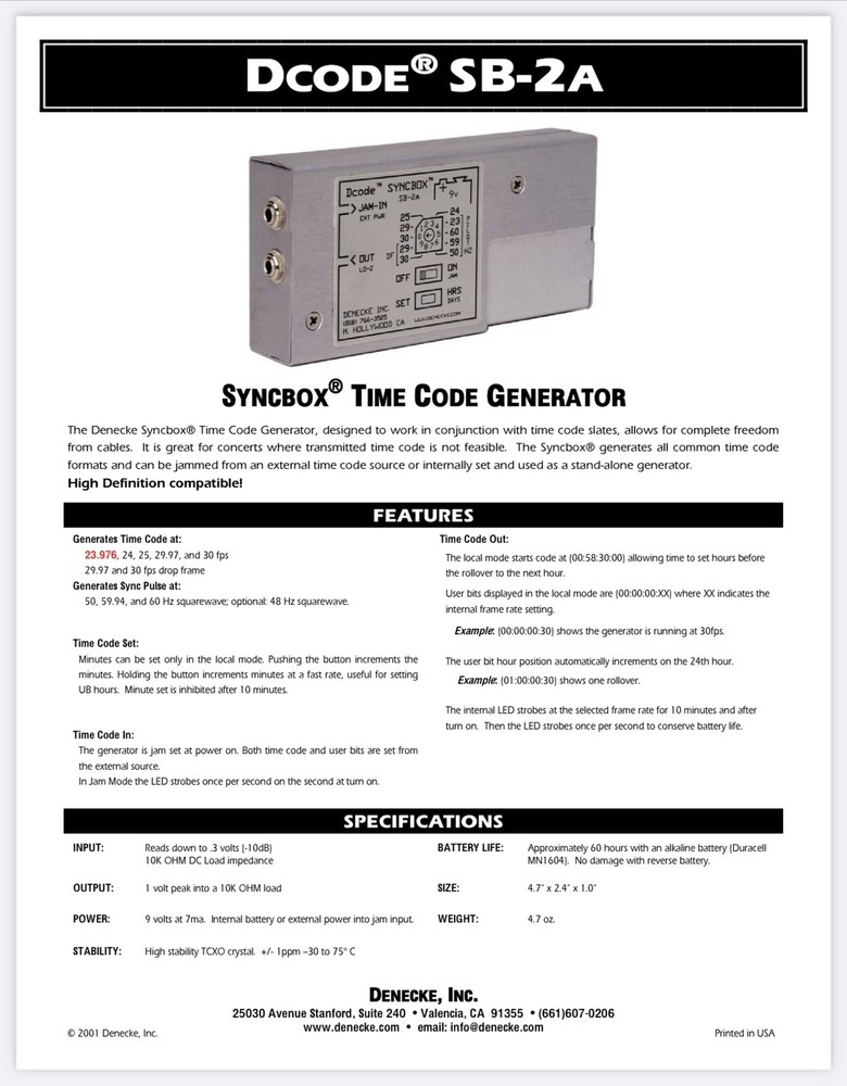 Denecke SB-2 Dcode Timecode Lockit Box for Red, ARRI, Blackmagic, Sony, Canon