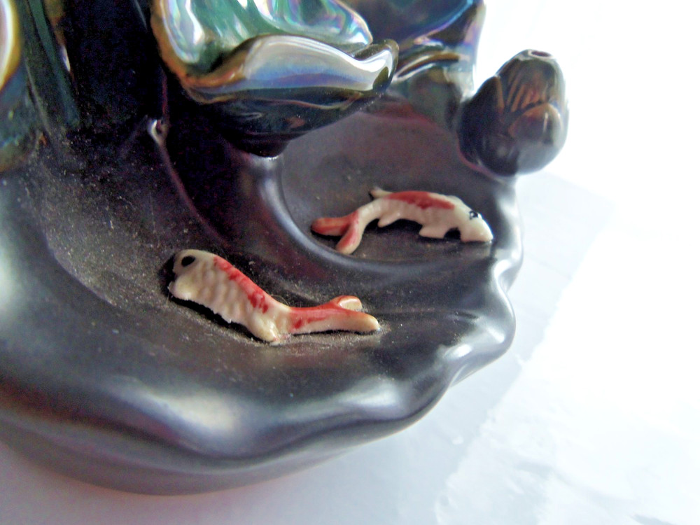 Ceramic Iridescent Green Waterfall Incense Burner W/ Koi Fish