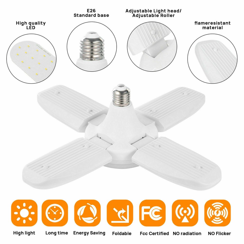 LED Garage Light Bulb Deformable Ceiling Fixture Lights Workshop Lamp E27-2 Pack