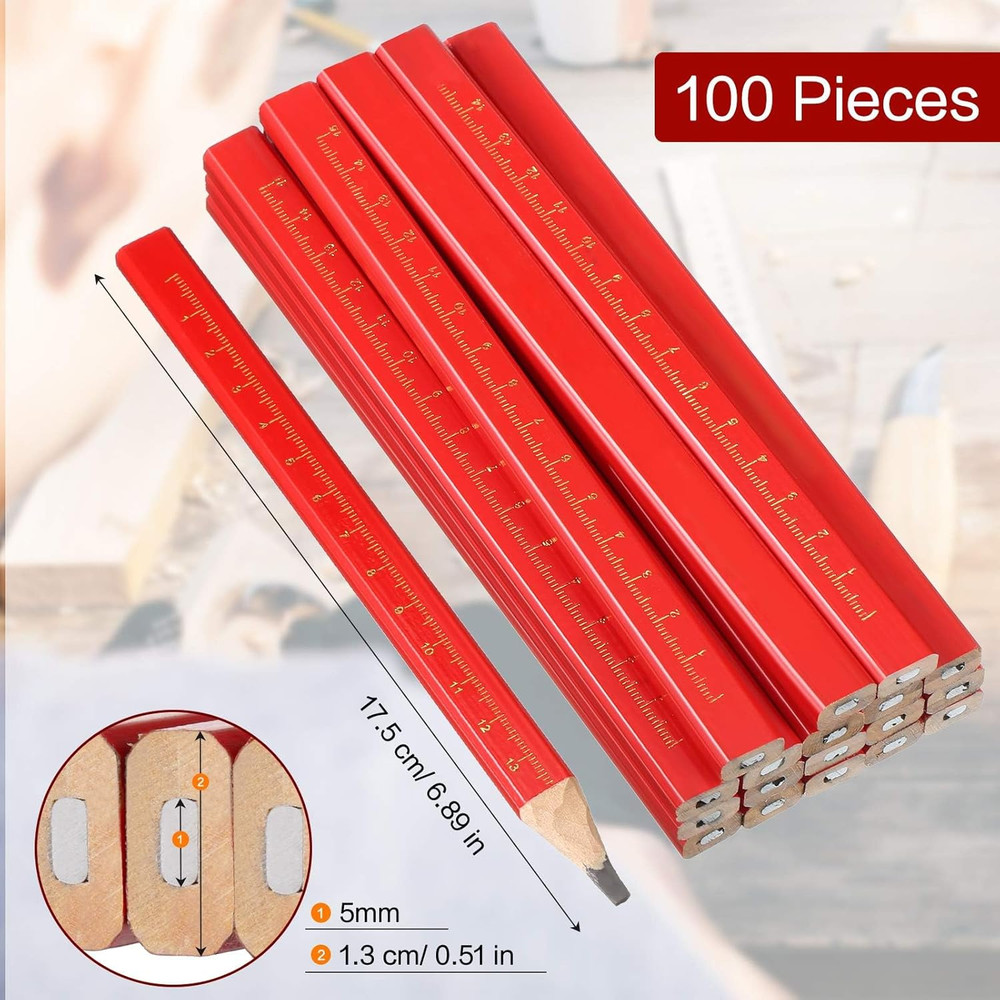 100 Pieces Carpenter Pencils Bulk Octagonal Red Hard Black Carpenter
