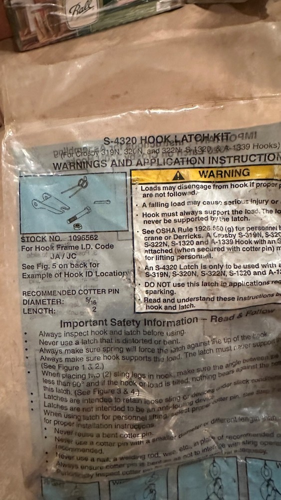 S-4320 Hook Latch Kit Cat #1096562 Diameter 5/16 Length 2