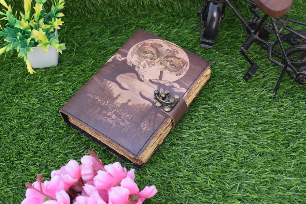 Wicca Moon Magic Witchcraft printed leather journal Deckle edge notebook 7x5"