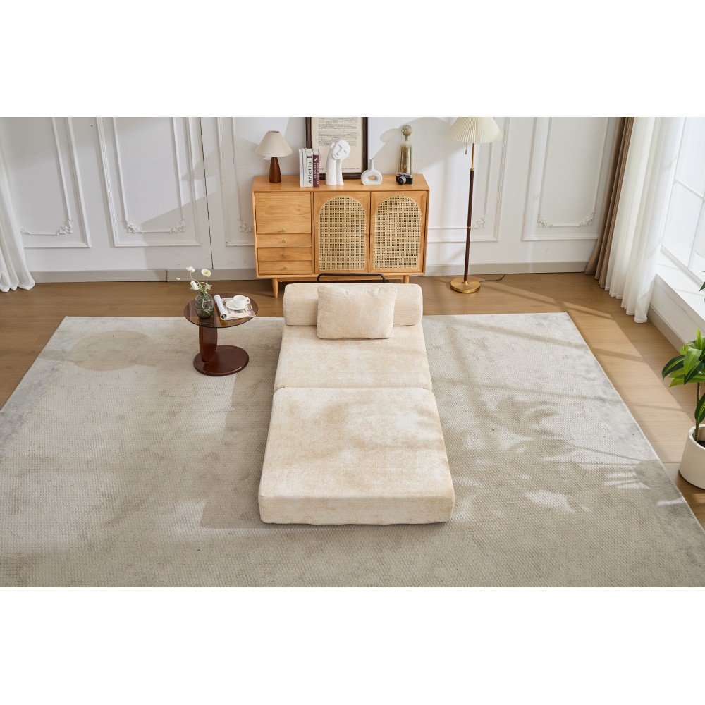 Convertible Folding Sofa Bed, Chenille Fabric Single Seat Sleeper, Beige