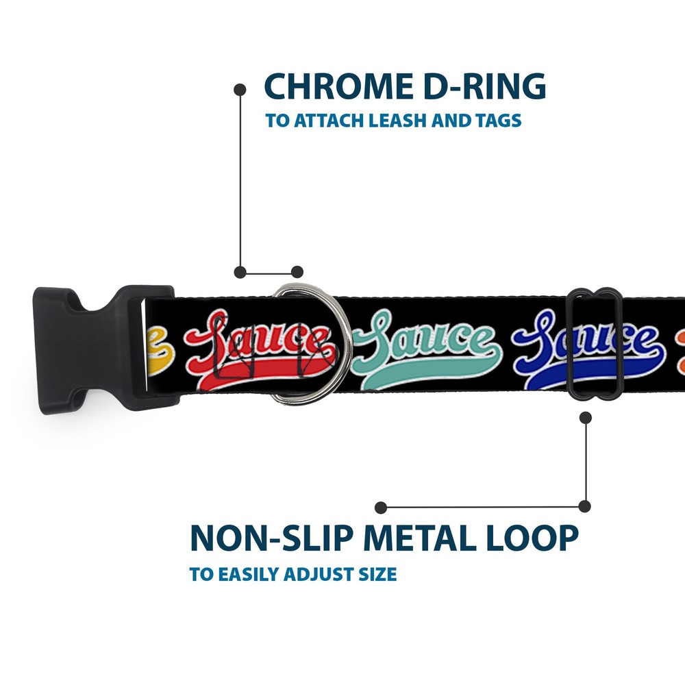 Plastic Clip Collar SAUCE Baseball Script Black/Multi Color Medium 11-16.5"