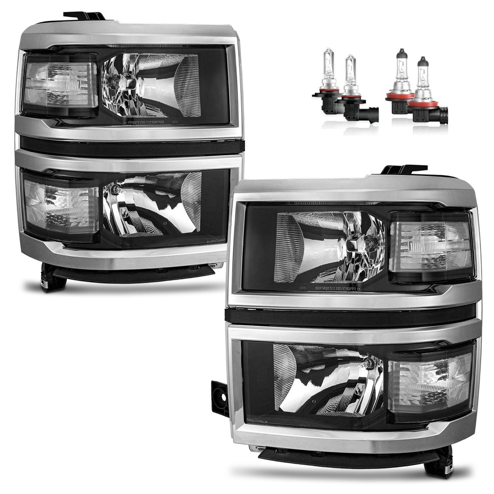 Pair Headlights For 2014-2015 Chevy Silverado 1500 Clear Reflector with Bulbs