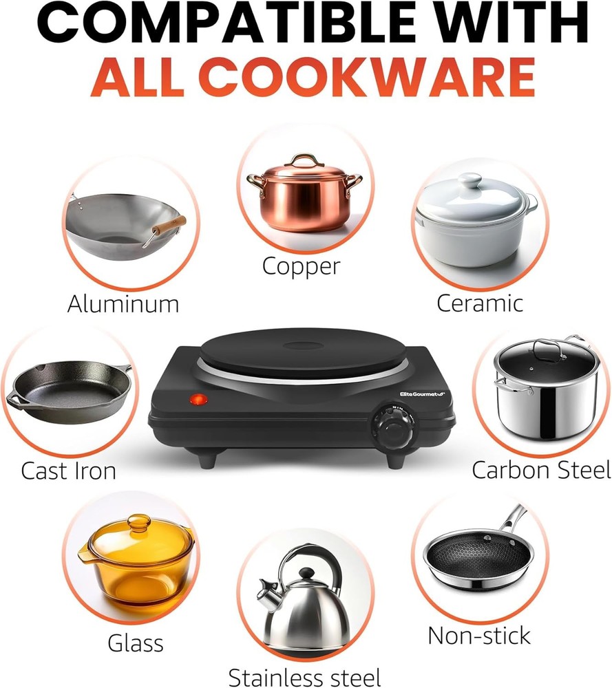 Single Cast Iron Hot Plate 1000W - Temp Control, Easy Clean, Indicator - Black