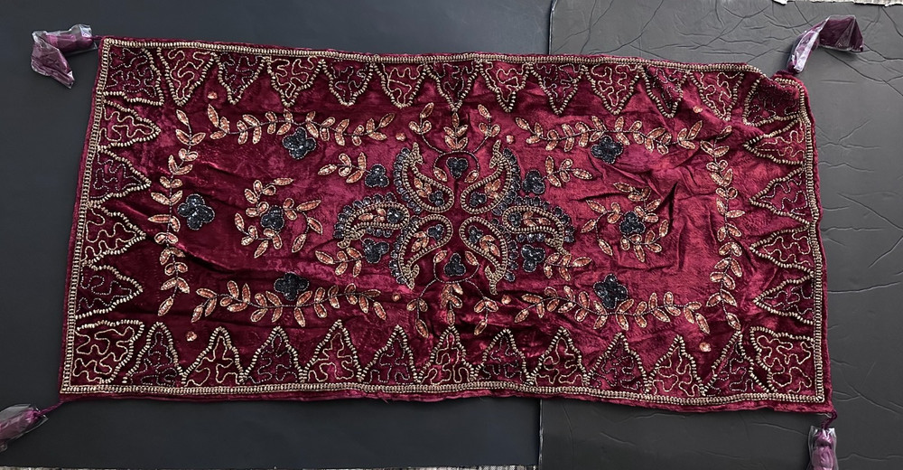 ONE coffee table runner & TWO end table covers, Middle Eastern, burgundy & gold