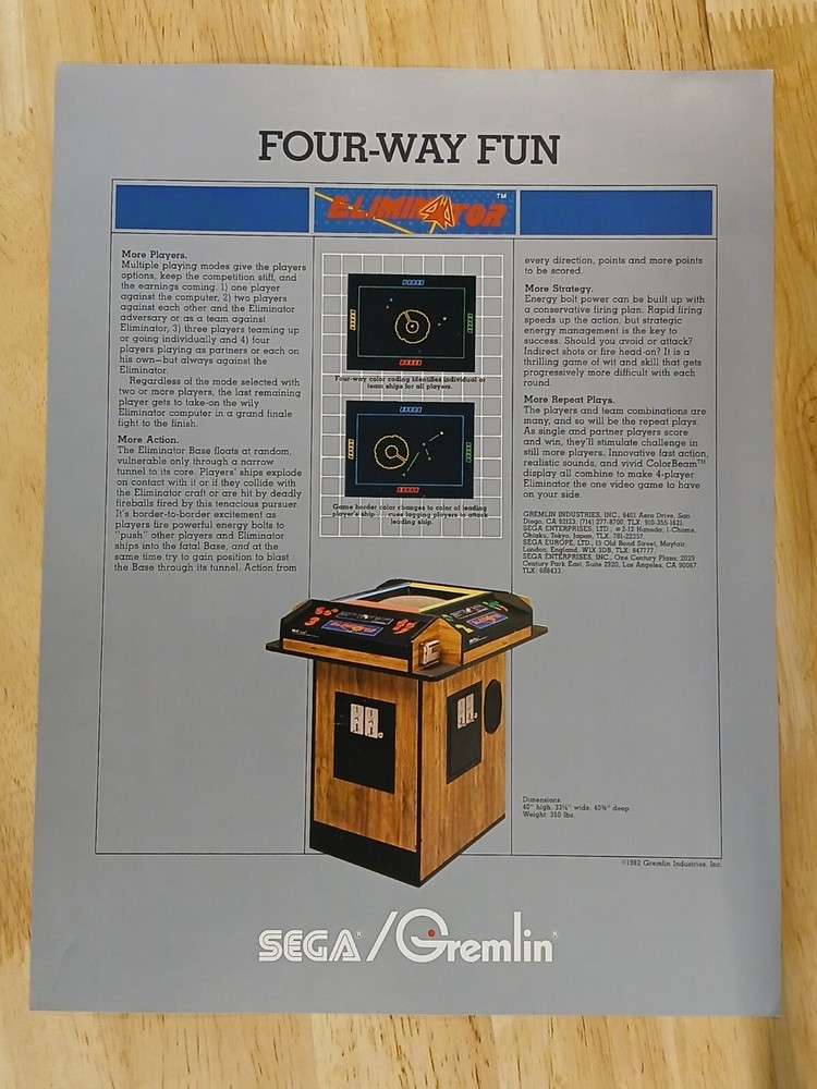 1982 Original Sega Gremlin Eliminator 4 Player Sales Brochure UNFOLDED