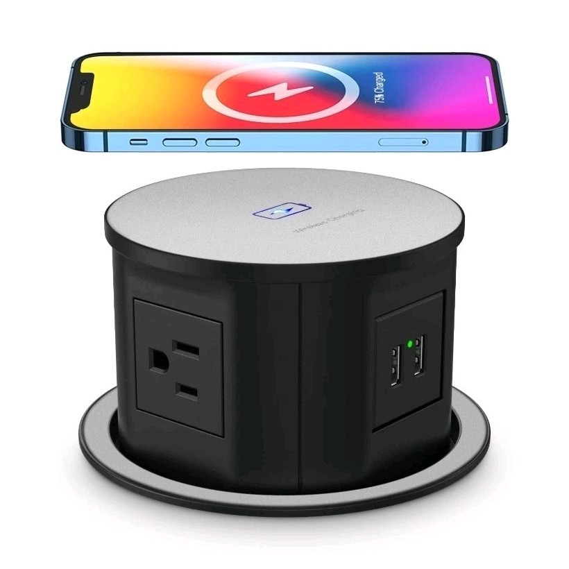 Pop-Up Desk Outlet Wireless & USB Charging, Black Silver, Circular, Table Mount