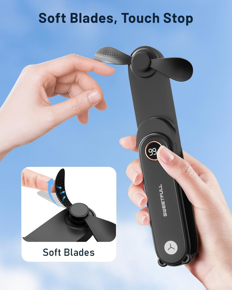 Portable Handheld Mini Fan with LED Display, 2-In-1 Personal Foldable USB Rechar