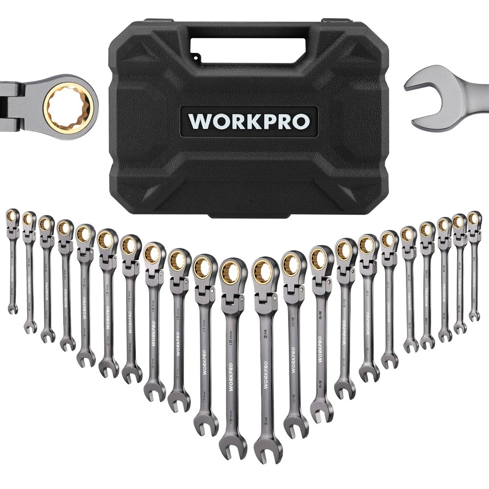 WORKPRO 22PC Regular/Flex-Head Ratcheting Combination Wrench Set w/Organizer Box